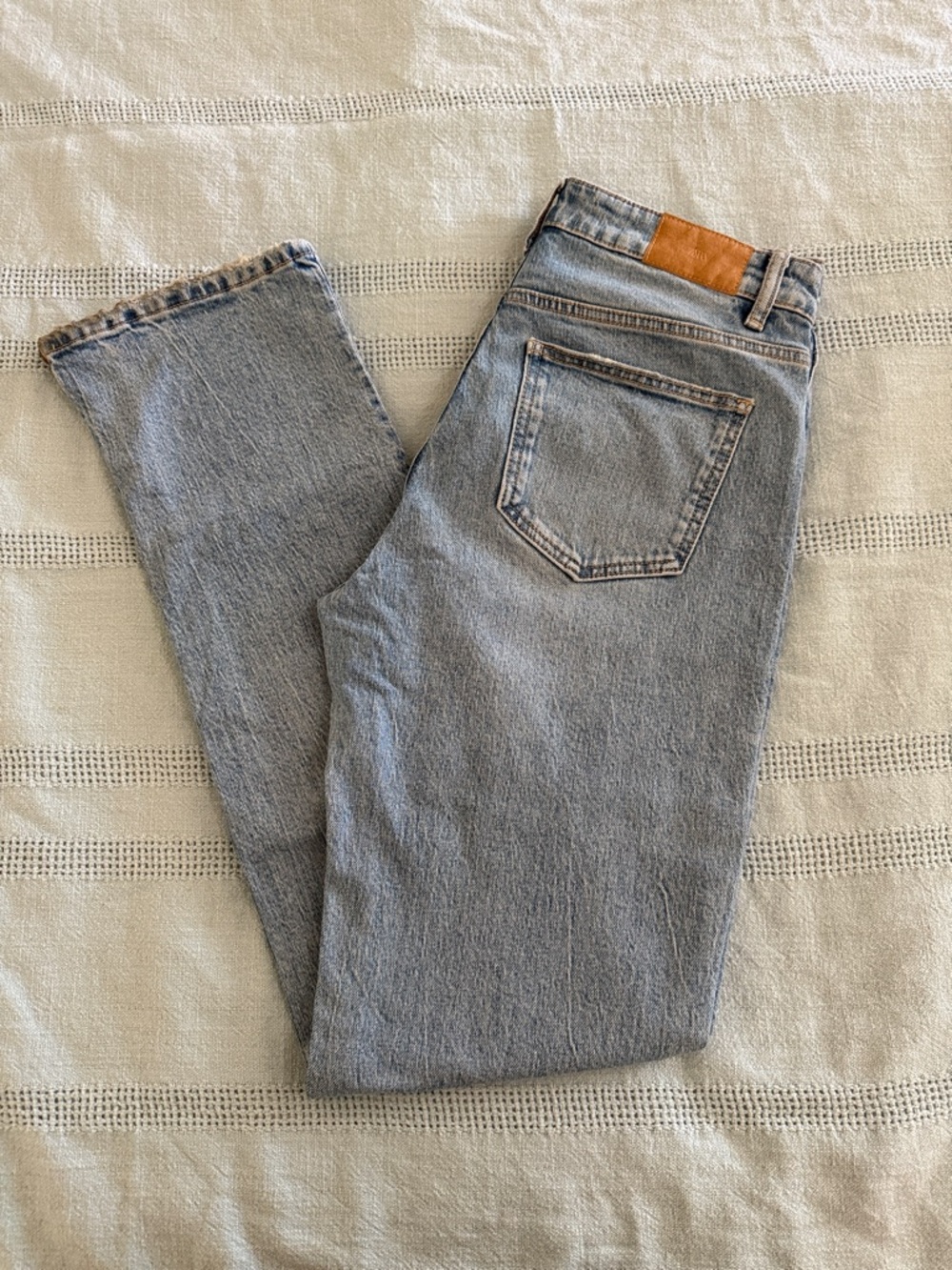 Zara Faded Light Blue Straight-Leg Jeans with Tan Leather Patch